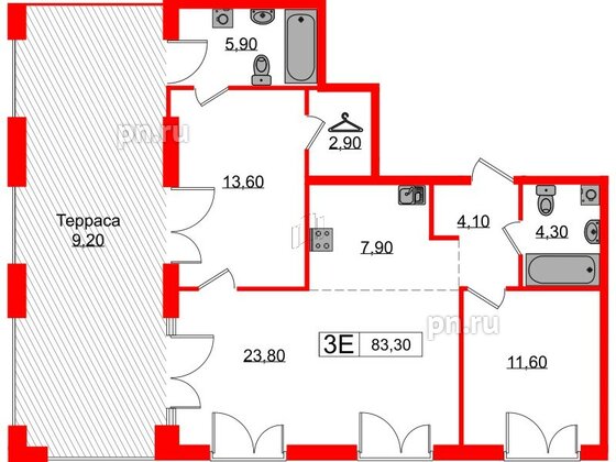 Квартира в ЖК Лермонтовский 54, 2 комнатная, 83.3 м², 7 этаж