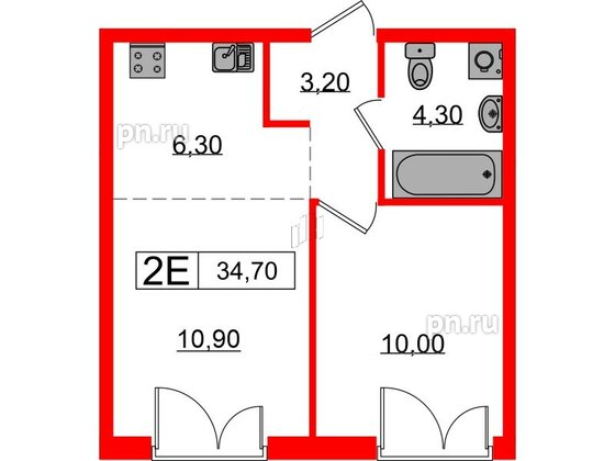 Квартира в ЖК Лермонтовский 54, 1 комнатная, 34.7 м², 4 этаж