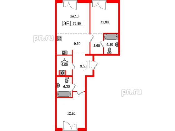 Квартира в ЖК Лермонтовский 54, 2 комнатная, 72.8 м², 3 этаж