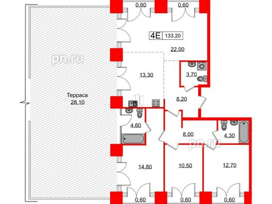 Квартира в ЖК Лермонтовский 54, 3 комнатная, 133.2 м², 8 этаж