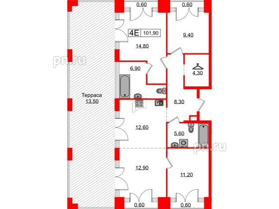 Квартира в ЖК Лермонтовский 54, 3 комнатная, 101.9 м², 9 этаж