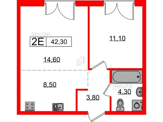 Квартира в ЖК Лермонтовский 54, 1 комнатная, 42.3 м², 2 этаж