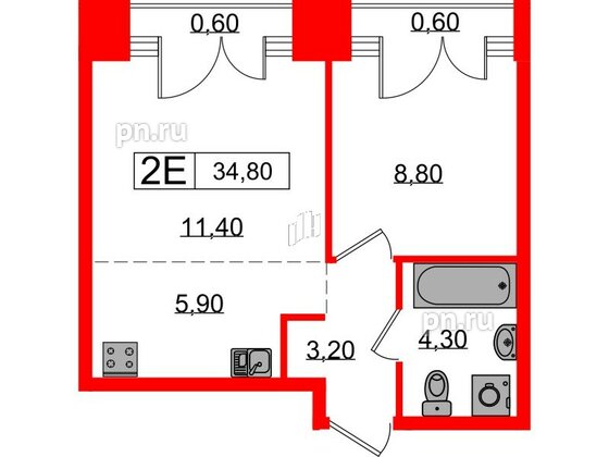 Квартира в ЖК Лермонтовский 54, 1 комнатная, 34.8 м², 9 этаж