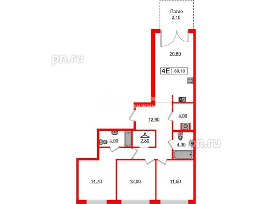 Квартира в ЖК «Лермонтовский 54», 3 комнатная, 88.8 м², 1 этаж