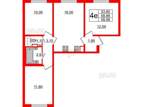 Квартира в ЖК «Ручьи–2», 3 комнатная, 58.88 м², 18 этаж