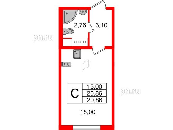 Квартира в ЖК «Ручьи–2», студия, 20.86 м², 14 этаж