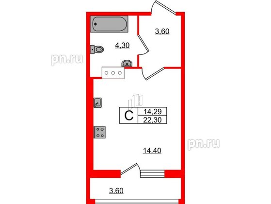 Квартира в ЖК Геометрия, студия, 22.3 м², 20 этаж