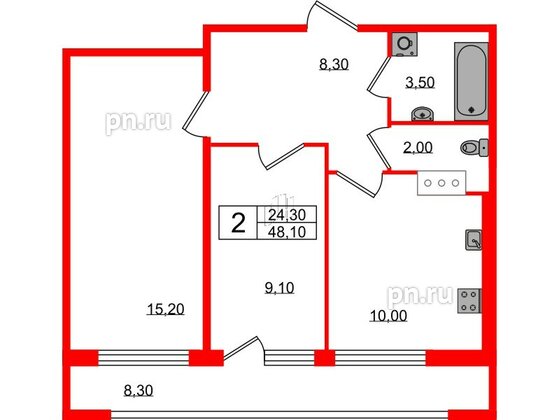 Квартира в ЖК Геометрия, 1 комнатная, 48.1 м², 9 этаж