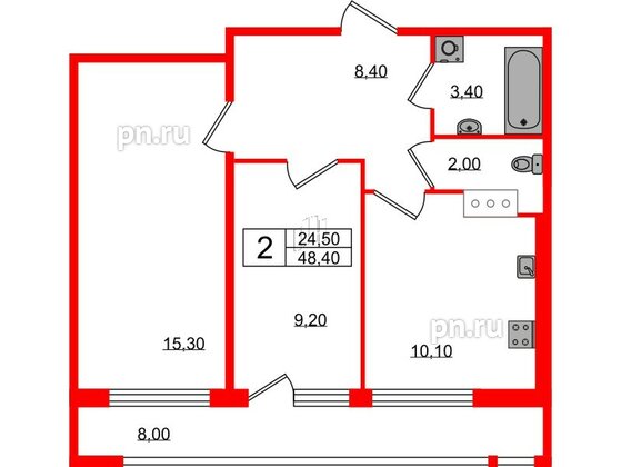 Квартира в ЖК Геометрия, 2 комнатная, 48.4 м², 17 этаж