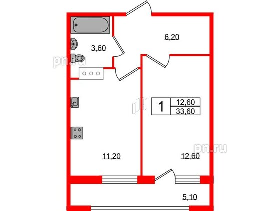 Квартира в ЖК Геометрия, 1 комнатная, 33.6 м², 12 этаж