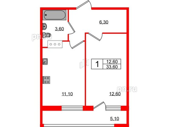 Квартира в ЖК Геометрия, 1 комнатная, 33.6 м², 16 этаж