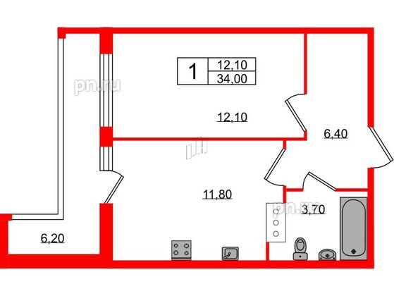 Квартира в ЖК Геометрия, 1 комнатная, 34 м², 17 этаж