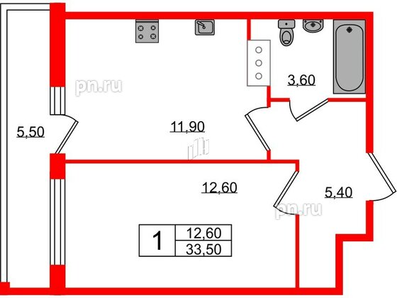 Квартира в ЖК Геометрия, 1 комнатная, 33.5 м², 11 этаж