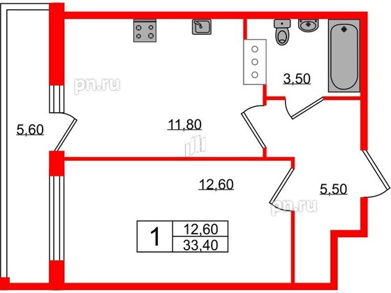 Квартира в ЖК Геометрия, 1 комнатная, 33.4 м², 17 этаж