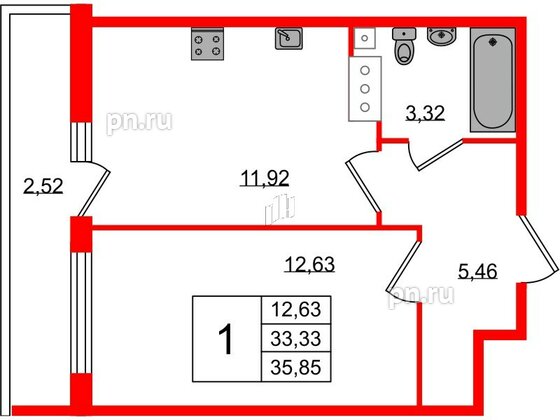 Квартира в ЖК Геометрия, 1 комнатная, 33.7 м², 19 этаж