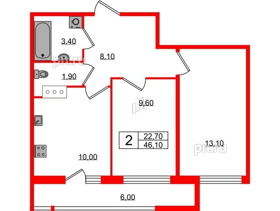 Квартира в ЖК Геометрия, 2 комнатная, 46.1 м², 13 этаж