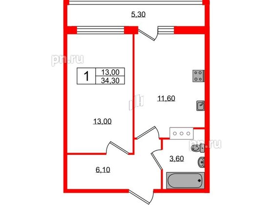 Квартира в ЖК Геометрия, 1 комнатная, 34.3 м², 14 этаж