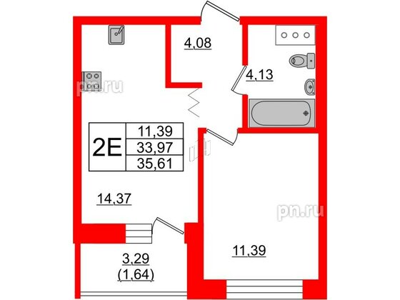 Квартира в ЖК Квартал Уютный, 1 комнатная, 35.7 м², 3 этаж