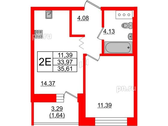 Квартира в ЖК Квартал Уютный, 1 комнатная, 35.6 м², 9 этаж