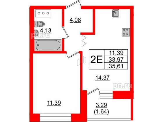 Квартира в ЖК Квартал Уютный, 1 комнатная, 35.7 м², 3 этаж