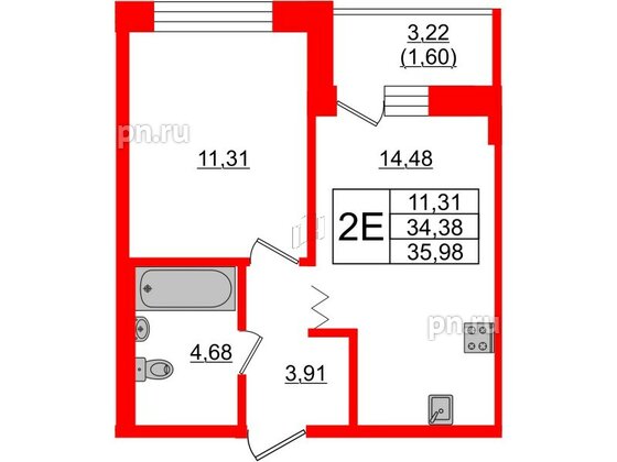 Квартира в ЖК Квартал Уютный, 1 комнатная, 35.98 м², 2 этаж