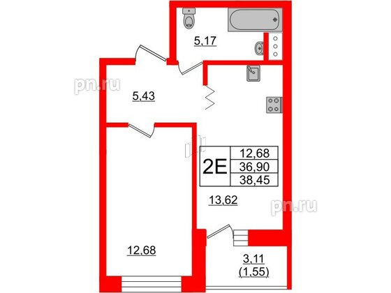 Квартира в ЖК Квартал Уютный, 1 комнатная, 38.6 м², 4 этаж