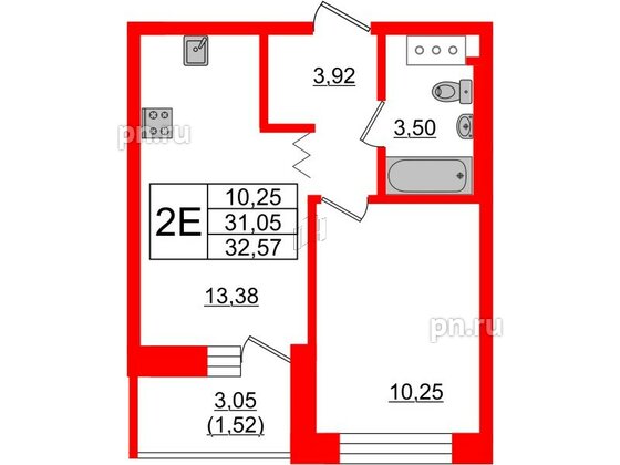 Квартира в ЖК Квартал Уютный, 1 комнатная, 32.57 м², 6 этаж