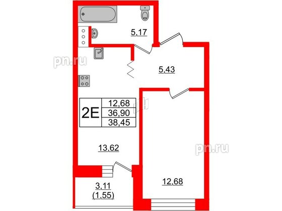 Квартира в ЖК Квартал Уютный, 1 комнатная, 38.6 м², 3 этаж