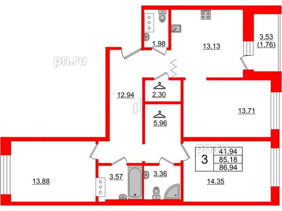 Квартира в ЖК Квартал Уютный, 3 комнатная, 86.94 м², 3 этаж