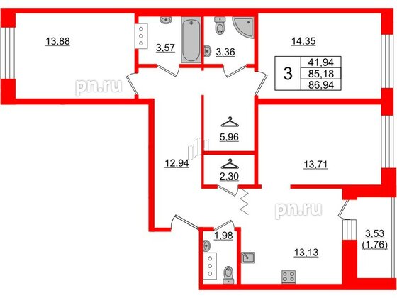 Квартира в ЖК Квартал Уютный, 3 комнатная, 87 м², 3 этаж