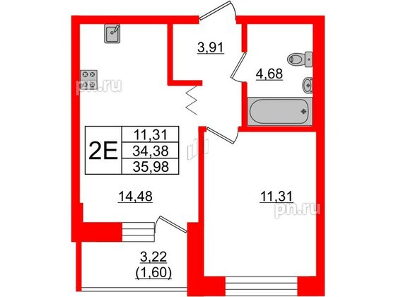 Квартира в ЖК Квартал Уютный, 1 комнатная, 35.98 м², 2 этаж