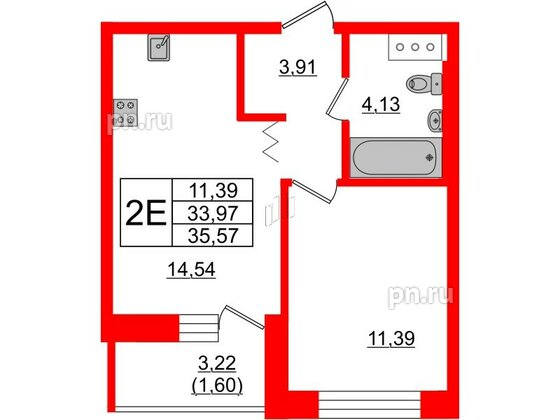 Квартира в ЖК Квартал Уютный, 1 комнатная, 35.7 м², 3 этаж