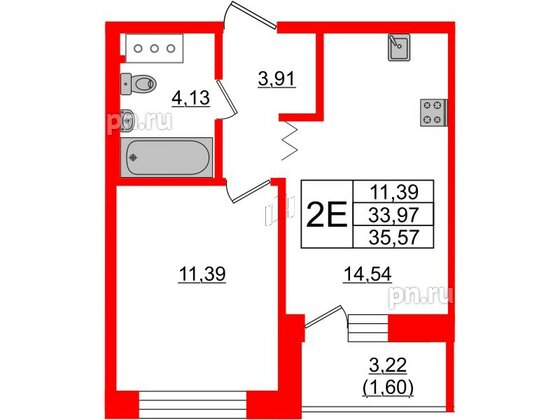 Квартира в ЖК Квартал Уютный, 1 комнатная, 35.57 м², 4 этаж