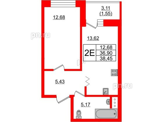 Квартира в ЖК Квартал Уютный, 1 комнатная, 38.5 м², 3 этаж