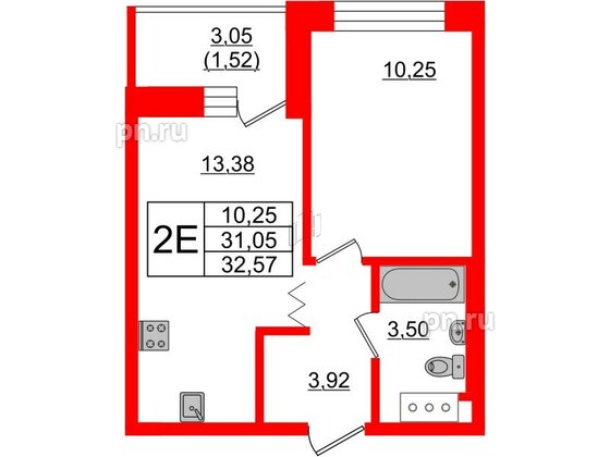 Квартира в ЖК Квартал Уютный, 1 комнатная, 32.57 м², 3 этаж