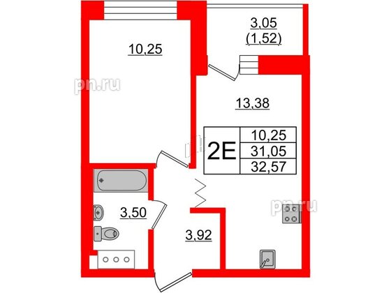 Квартира в ЖК Квартал Уютный, 1 комнатная, 32.57 м², 4 этаж