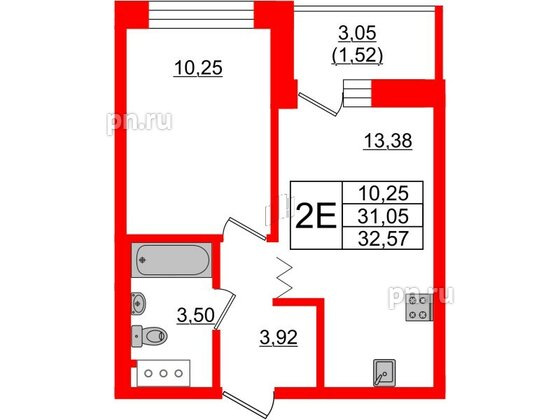 Квартира в ЖК Квартал Уютный, 1 комнатная, 32.57 м², 6 этаж