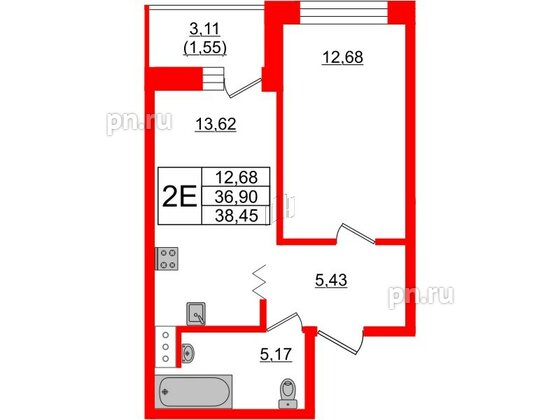 Квартира в ЖК Квартал Уютный, 1 комнатная, 38.5 м², 3 этаж