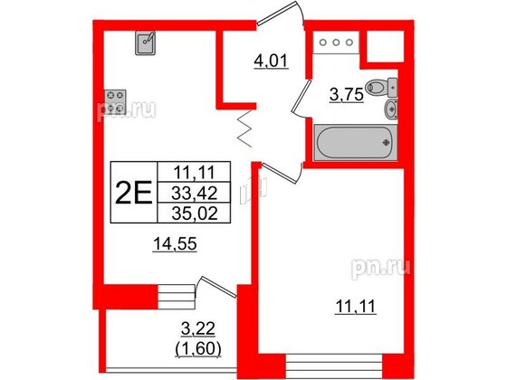 Квартира в ЖК Квартал Уютный, 1 комнатная, 35.02 м², 5 этаж