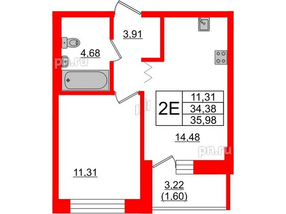 Квартира в ЖК Квартал Уютный, 1 комнатная, 35.98 м², 2 этаж