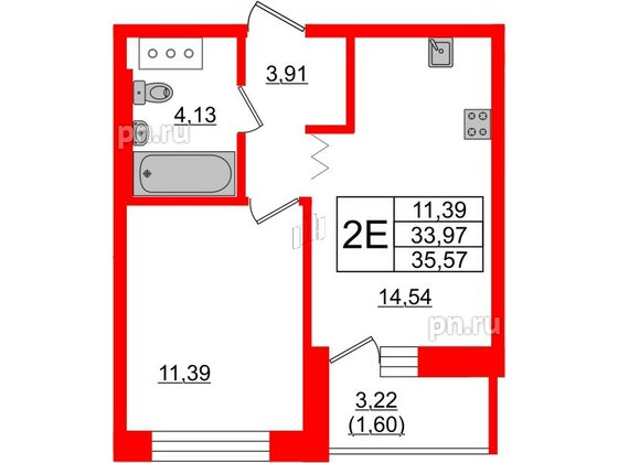 Квартира в ЖК Квартал Уютный, 1 комнатная, 35.57 м², 3 этаж