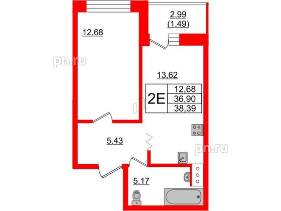 Квартира в ЖК Квартал Уютный, 1 комнатная, 38.6 м², 3 этаж