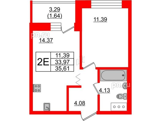 Квартира в ЖК Квартал Уютный, 1 комнатная, 35.6 м², 3 этаж