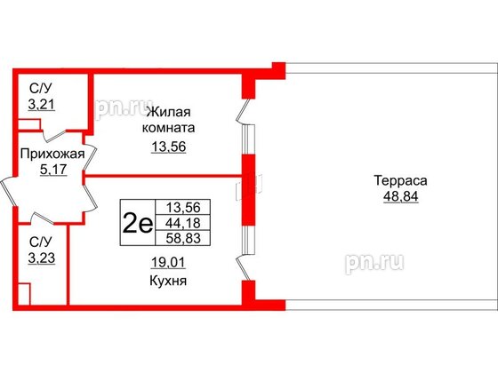 Квартира в ЖК Энфилд, 1 комнатная, 58.83 м², 2 этаж