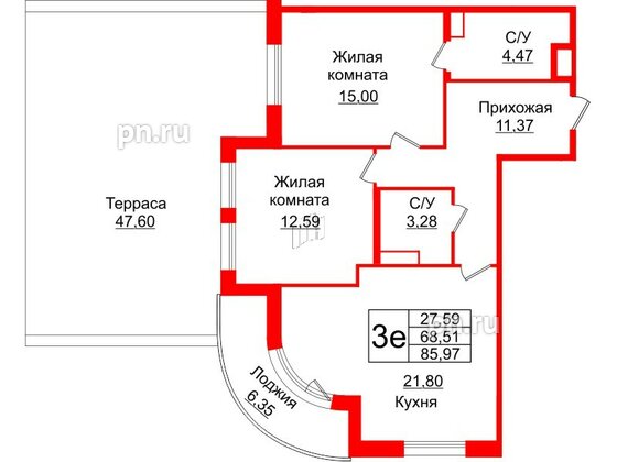 Квартира в ЖК Энфилд, 2 комнатная, 85.97 м², 2 этаж