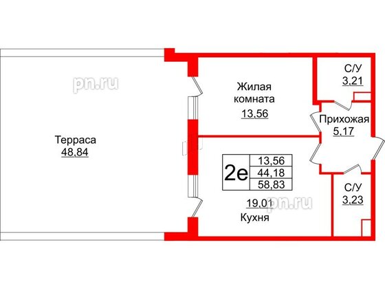 Квартира в ЖК Энфилд, 1 комнатная, 58.83 м², 2 этаж