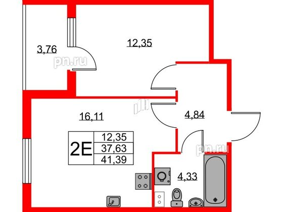 Квартира в ЖК Любоград, 1 комнатная, 37.63 м², 1 этаж