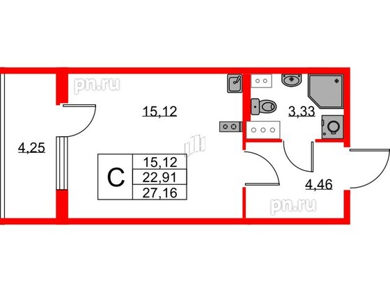 Квартира в ЖК Любоград, студия, 22.91 м², 2 этаж