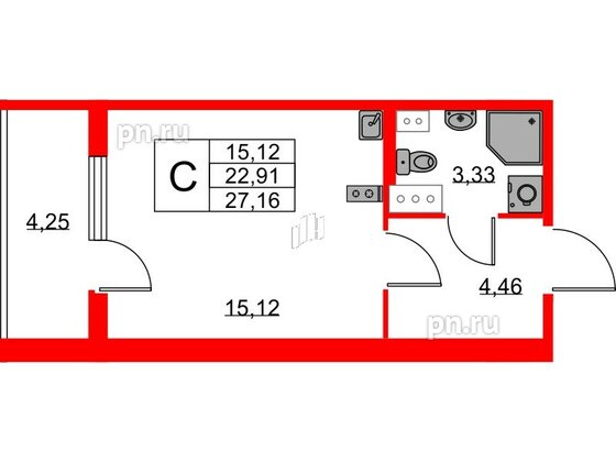 Квартира в ЖК Любоград, студия, 22.91 м², 2 этаж