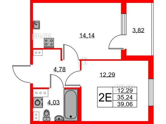 Квартира в ЖК Любоград, 1 комнатная, 35.24 м², 2 этаж